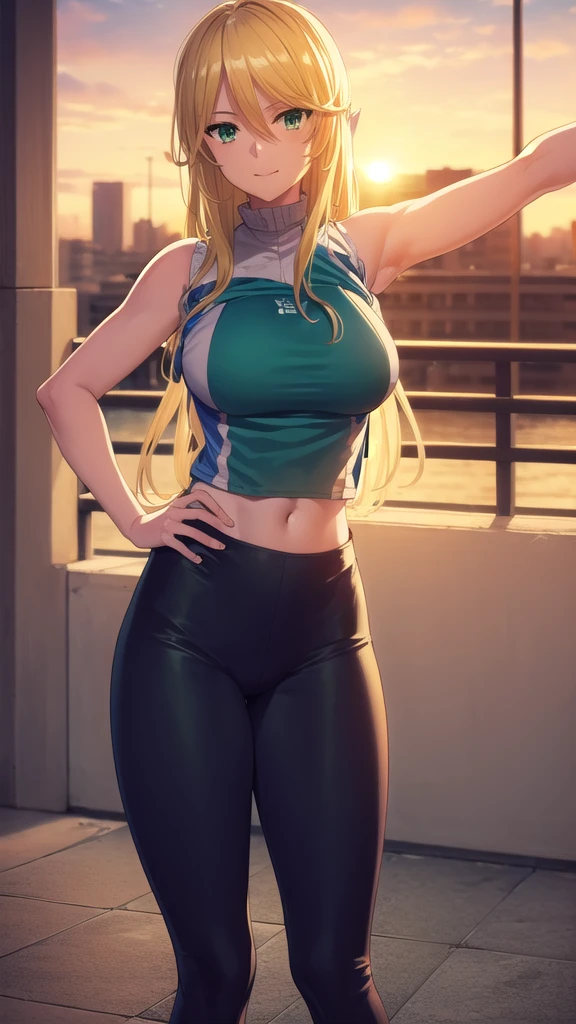 sharonholygrail, sharon holygrail, long hair, blonde hair, hair between eyes, (green eyes:1.3), smile, (big breast:1.2)
BREAK (athletic vest:1.5), (legging:1.5), watch
BREAK outdoors, city, sky, sun, clouds, crowd, people, 
BREAK looking at viewer, (cowboy shot:1.5), (arms on hips:1.5),
BREAK (masterpiece:1.2), best quality, high resolution, unity 8k wallpaper, (illustration:0.8), (beautiful detailed eyes:1.6), extremely detailed face, perfect lighting, extremely detailed CG, (perfect hands, perfect anatomy),