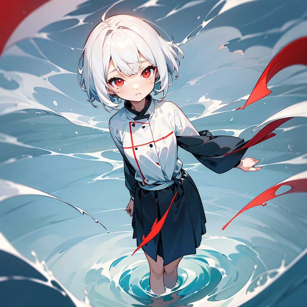  girl　 hair is white 　There are no highlights in the eyes 　My mouth is closed 　 the corners of the mouth are slightly raised 　Slightly narrow eyes　Cloudy red eyes　Mysterious Girl　Endlessly going on、 standing on the surface of the water without waves　Close up on girl　 short haired 　Ultra-precision