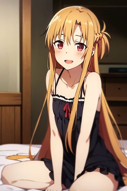 ((Best Quality)), ((masterpiece)), (be familiar with),  perfect face, indoor, bedroom,  watching viewers ,
One woman, Yuuki Asuna,
 open mouth , Ecstatic expression, blush, smile,
Small breasts,  flat chest, , ,  kids, Girl,
Long Hair,  long hair,
Leg spread,