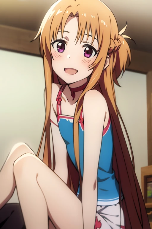 ((Best Quality)), ((masterpiece)), (be familiar with),  perfect face, indoor, bedroom,  watching viewers ,
One woman, Yuuki Asuna,
 open mouth , Ecstatic expression, blush, smile,
Small breasts,  flat chest, , ,  kids, Girl,
Long Hair,  long hair,
Leg spread,