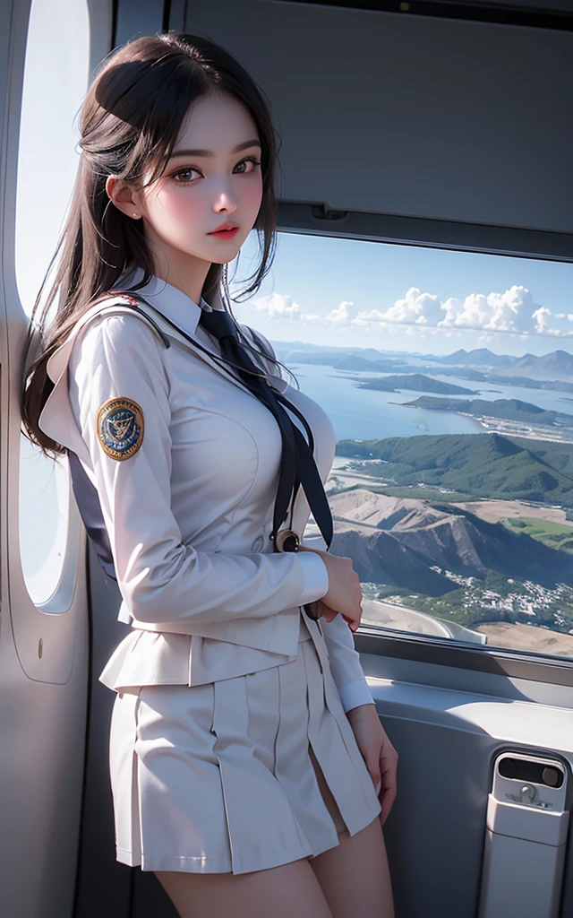 top-quality, ​masterpiece, 8k,  ultra high resolution , ( photorealistic:1.4),  one girl、Beautiful Face、Symmetrical eyes、Colossal 、Perfect physique、  stewardess uniform、  viewers、(In-flight:1.2)、View from the front、 Shoulder 、 short skirt 、Long legs(1.3)