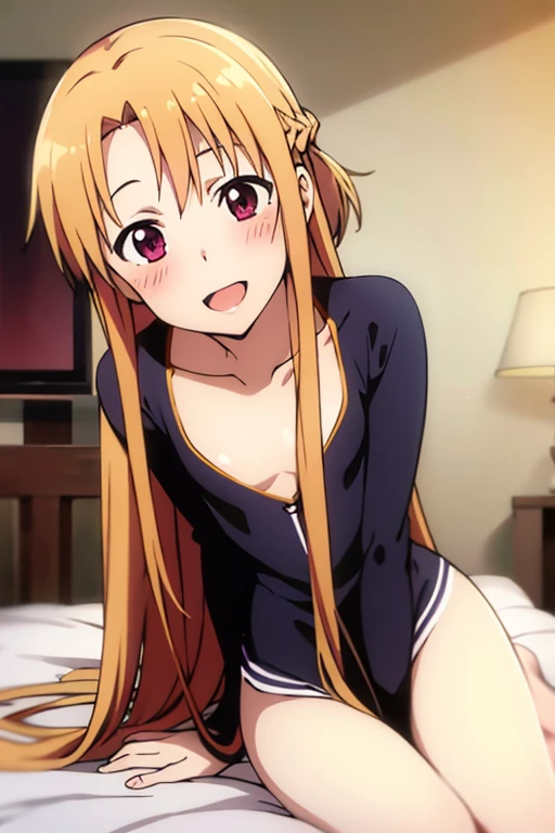 ((Best Quality)), ((masterpiece)), (be familiar with),  perfect face, indoor, bedroom,  watching viewers ,
One woman, Yuuki Asuna,
 open mouth , Ecstatic expression, blush, smile,
Small breasts,  flat chest, , ,  kids, Girl,
Long Hair,  long hair,
Leg spread,