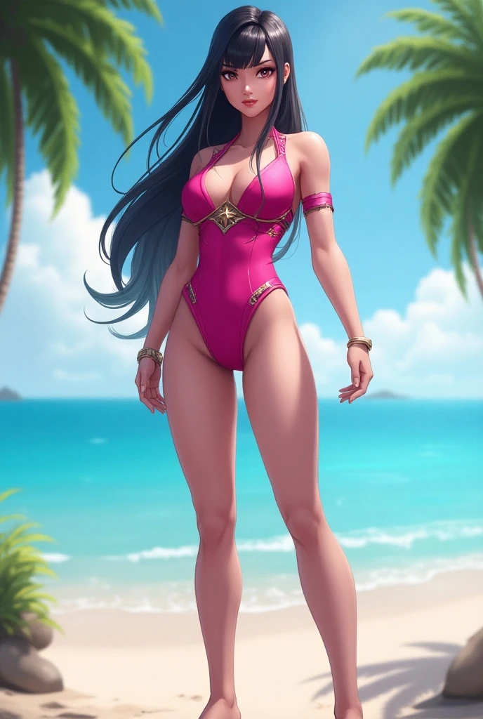 score_9, score_8, score_7, score_8_up, score_7_up, score_6_up, 4k, retro artstyle, source_cartoon, xgaiax, black hair, long hair, purple eyes, lipstick, circlet, white bikini, high quality, on knet, from below, sexy pose, seductive smile, aroused, arm behind head, on knees, covered nipples, on beach, sand, palm, ocean, sunshine, front view, cameltoe,