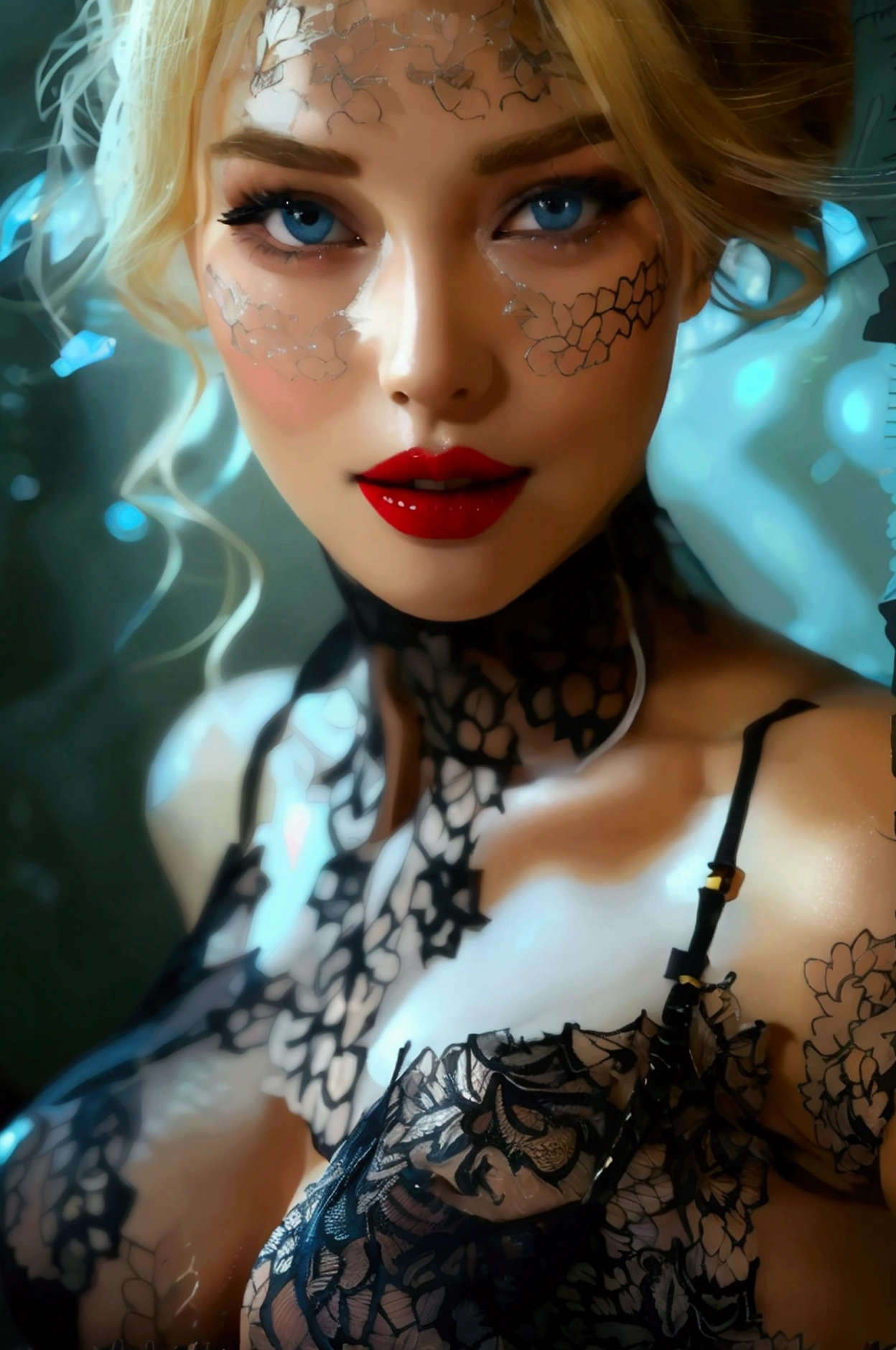  Blonde woman , blue eyes,  deep black eye shadow ,  red lips,  big breasts , face of pleasure,  black lace bra , Black lace panties,  black lace tights , pose sexy, Bubbles, Enlightened.  full body