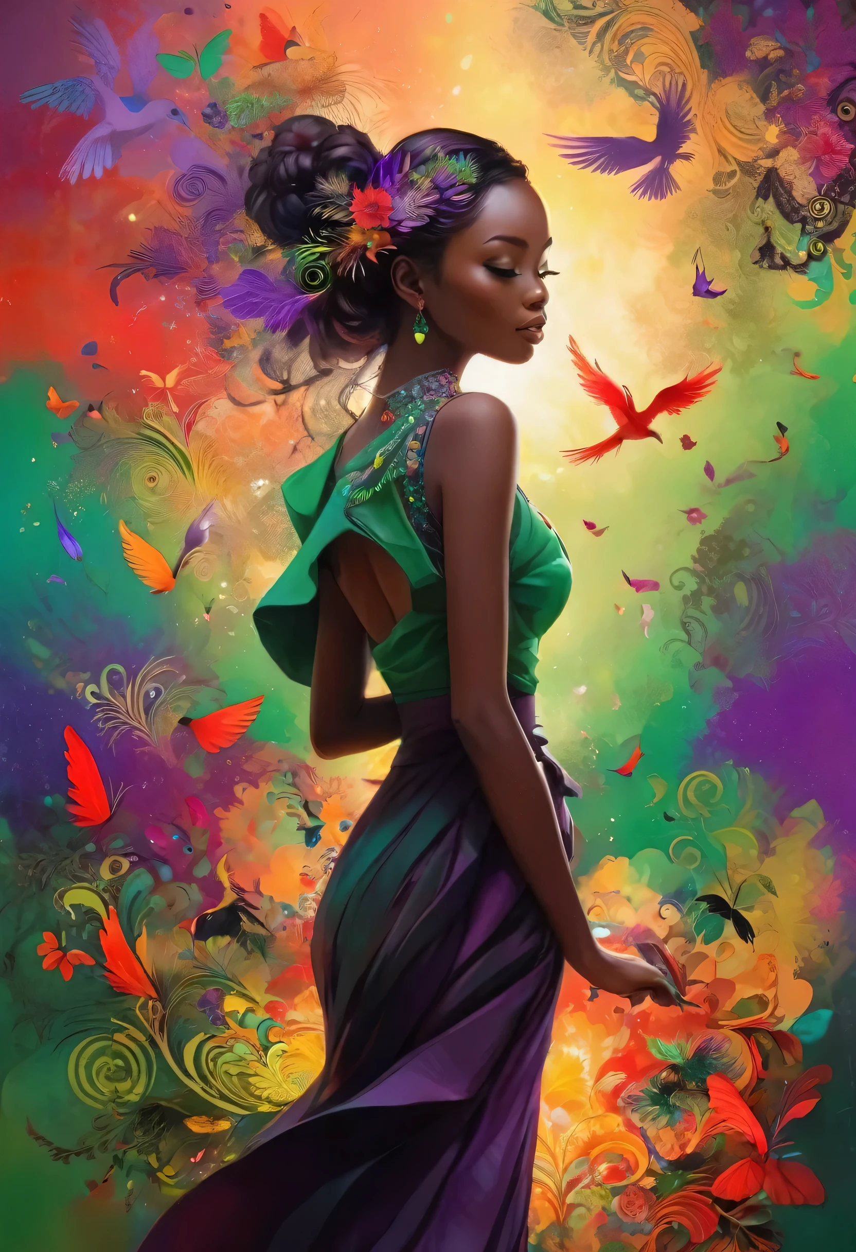 (Best Quality, Kampala:1.2),The Painter's Girl 、 holding a palette 、, colorful background ,green,red、Purple、Blurred, zentangle style , fractal style 、black,brown, smash it , stand out, is the most inspiring silhouette, Shine, light explosion , Flying Bird, magic, thank you. トゥプ著...LOL...