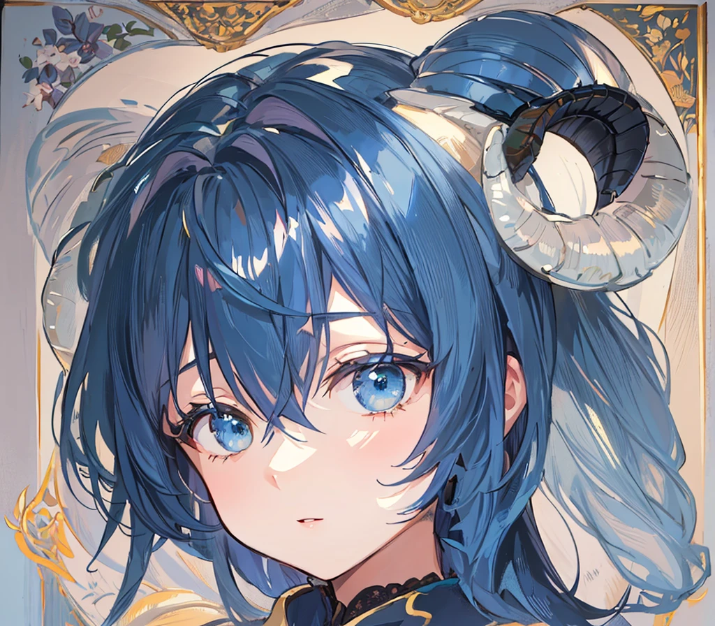 ( best quality, masterpiece,  high quality , delicate description, Elaborate painting).  Shining hair ,  long pigtail hairstyle, dark blue hair, A sheep&#39;s horn on its head. Squint your eyes. (((((((((((((((Open your mouth))))))))))))))). (trembling:1.8),(embarrassed,blush:1.6),(parted lips:1.6),(harf open eyes,no pupils,empty eyes:1.8),(steam:1.6),(sweat skin:1.7),(streaming tears:1.2),(drooling:1.4),(feeling weak:1.6),(looking away:1.6),(spoken heart:1.4)