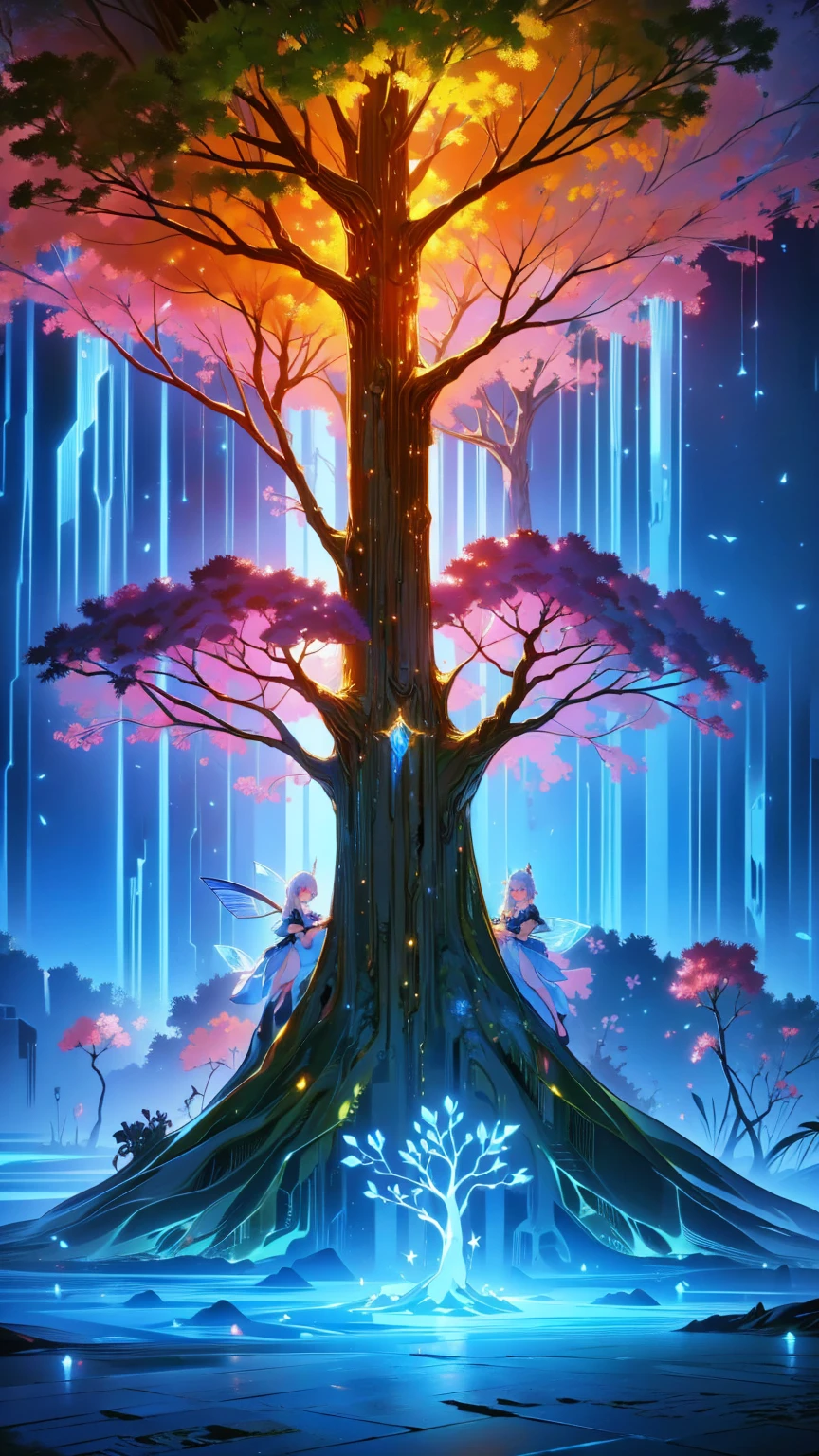  Huge Tree with Blue Glowing Branches and Roots,  very detailed , Complex and Brilliant , Fantasy Landscape ,  Aether Atmosphere , (Best Quality,8k, Kampala,masterpiece:1.2), ULTRA DETAIL ,(Realistic,photoRealistic,photo-Realistic:1.37), digital art ,  Cinematic Lighting ,  Dramatic Lighting ,  bright color,  Glowing Elements , Mysterious, Amazing, Magical realism,  concept art,、A whimsical and graceful fairy ,  Every characteristic exudes luxury in the midst of fantasy :  sparkling wings adorned with beautiful jewels ,  Golden hair flowing down from a crystal-studded dress ,  Fascinating heavenly eyes that shine with unbelievable wisdom . この画像は精巧なディテールと bright color彩で描かれたデジタル絵画である。.  The existence of fairies is captivating and timeless ,  embodying a fusion of elegance and luxury that captivates the viewer .