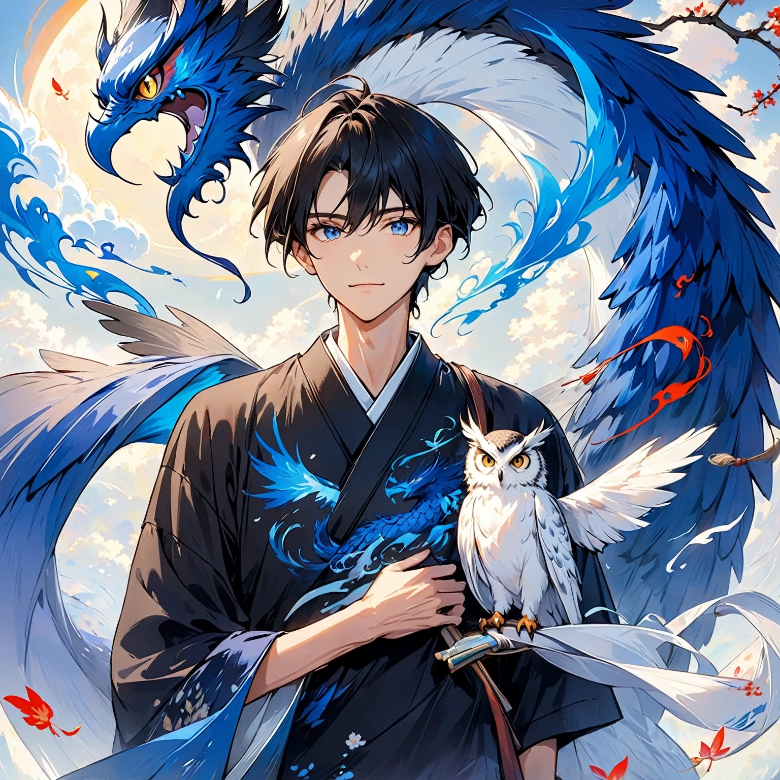 1 30-year-old man。I'm holding an owl in my arms 。 tall, slender, and wearing a plain black t-shirt and not a kimono。I have black hair and my hair is pretty short 。 There is a blue dragon swirling in the background。 colorful ink painting based on blue 。