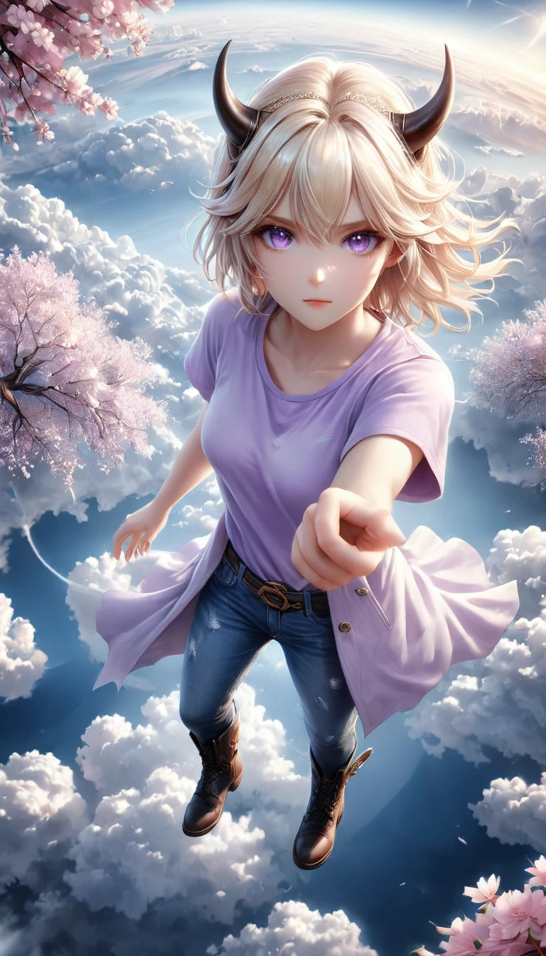 Pinhole photography, Realistic animation, Wide angle effect ,   1 Girl,  Light blond hair ,White mask、Buffalo horn 、Cherry blossoms、 light purple short sleeve t-shirt 、Coat、Denim trousers、双手插在Coat口袋里 ,   black boots ,   float in the sky overlooking the earth , From above,  focus on the face and eyes ,  super detailed,  Line Art , 。