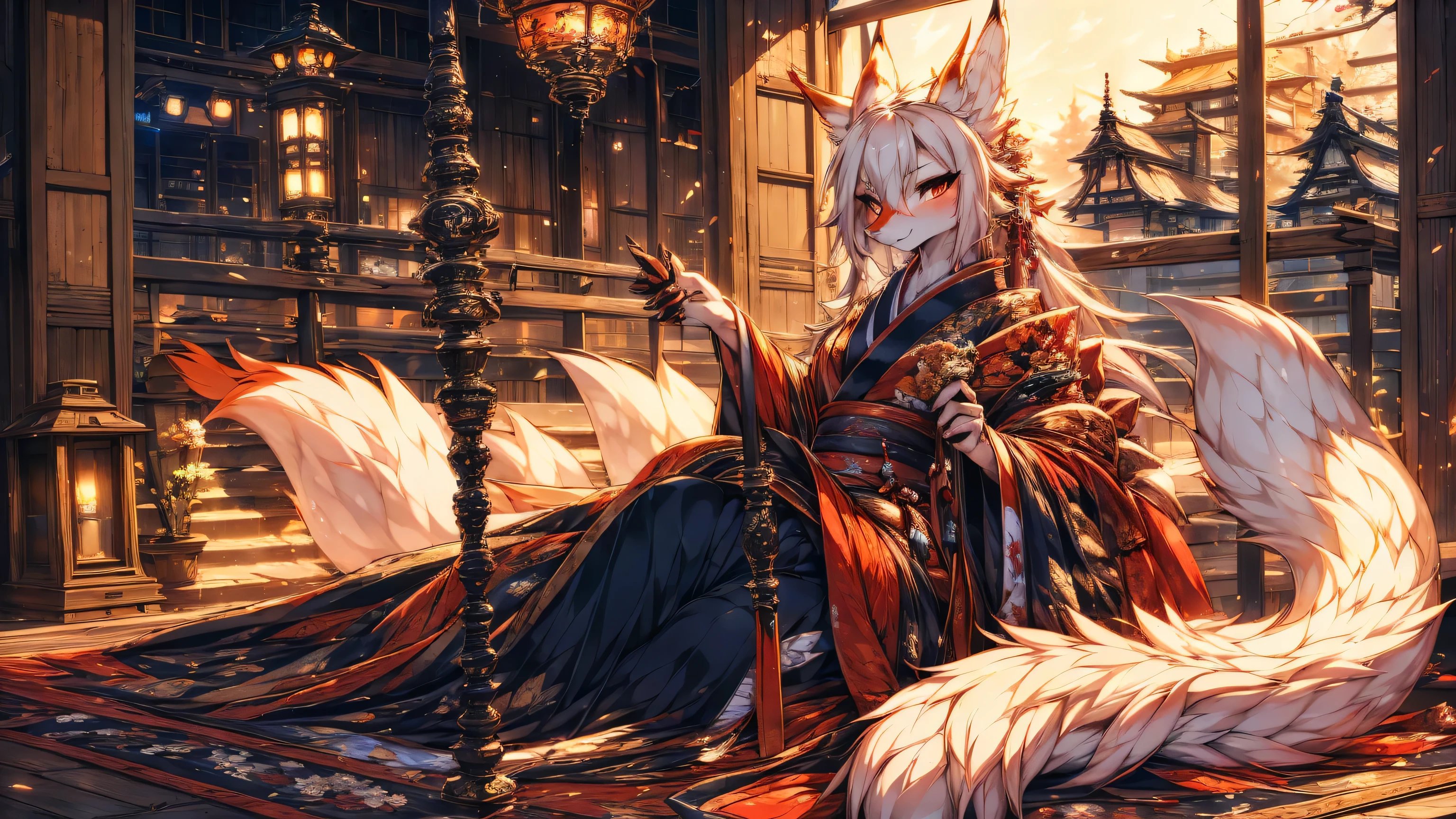 (( masterpiece ,  The best quality)), (anthropomorphic kitsune )) Onna Bugeisha high definition,  full body  