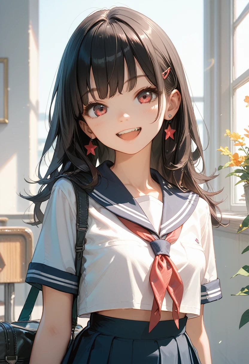 Score_9,Score_8_up,Score_7_up,highest quality,masterpiece,1 girl,slim,small breasts,(black_long_hair,straight_bangs,school uniform),happy with me