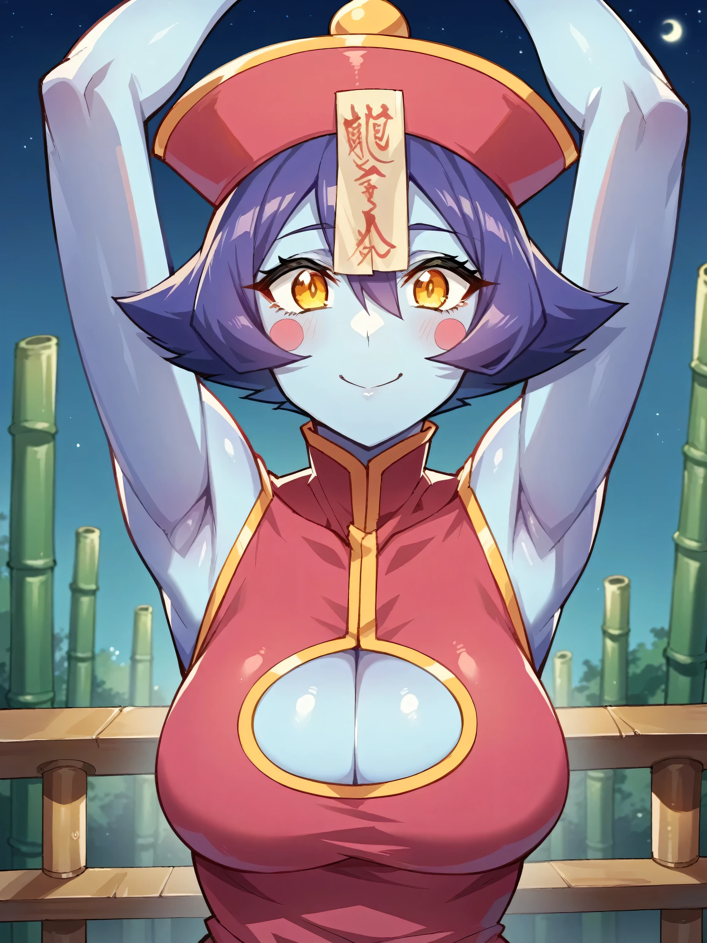 score_9, score_8_up, score_7_up, source_anime, anime screencap, 1girl, solo, jiangshi, purple hair, yellow eyes, blush stickers, blue skin, qing guanmao, chinese clothes, ofuda, clothing cutout, cleavage cutout, bare shoulders, bare arms, arms up, raised arms, armpits, smile, closed mouth, outdoors, night, moon, bamboo, abandoned asian shrine 