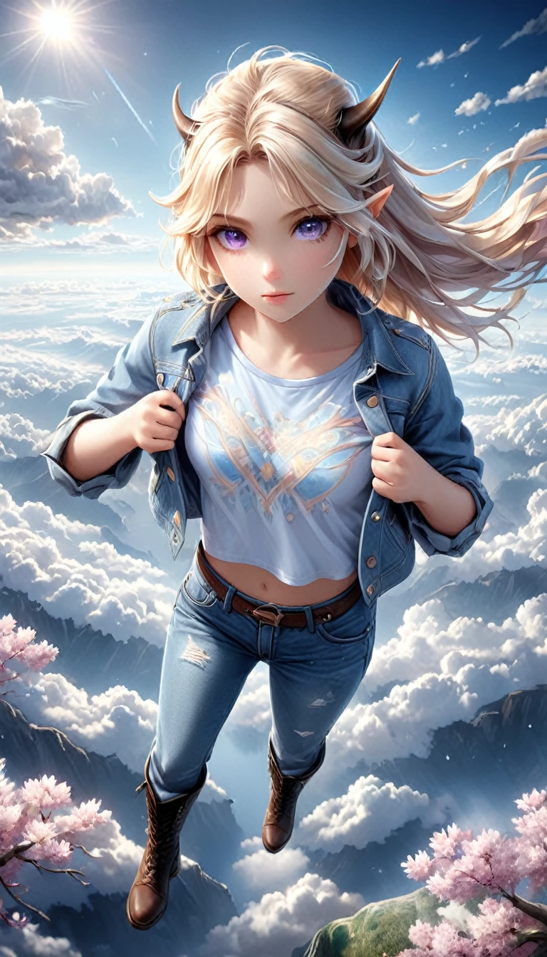 Pinhole photography, Realistic animation, Wide angle effect ,   1 Girl,  Light blond hair ,White mask、Buffalo horn 、Cherry blossoms、 light purple short sleeve t-shirt 、Denim shirt、Denim trousers、 put your hands in the coat pocket  ,   black boots ,   float in the sky overlooking the earth , From above,  focus on the face and eyes ,  super detailed,  Line Art , 。