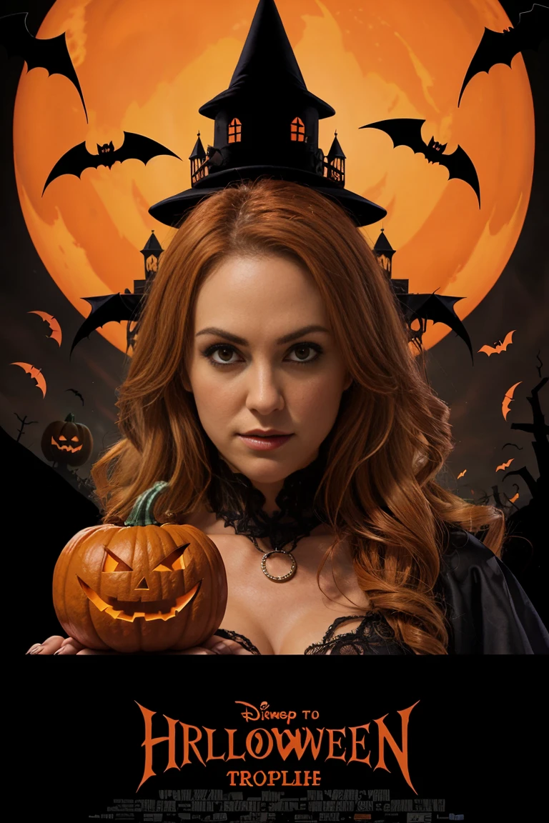 halloween poster meticulously crafted orangey brownish color scheme foreground evil witch pumpkin, bat spider web 2000s movie poster style