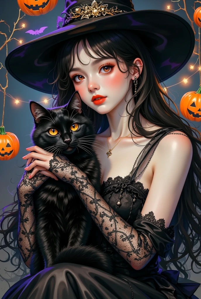 halloween portrait，black cat and beautiful girl，Long black lace gloves