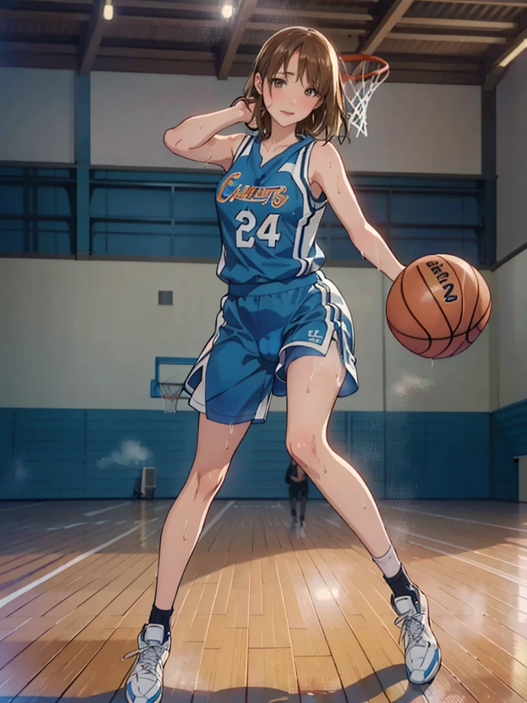 anime - style illustration of a high school girl in a wet basketball high cut uniform, basketball video game character, official character art, trending on cgstation, e-girl, cushart krenz key art feminine, full body, female sports anime girl, (playing basketball:1.5), looking at view, (steamy:1.5), (blush:1.7), (puffy lips:1.2), (cameltoe:1.2), armpit, drooling,