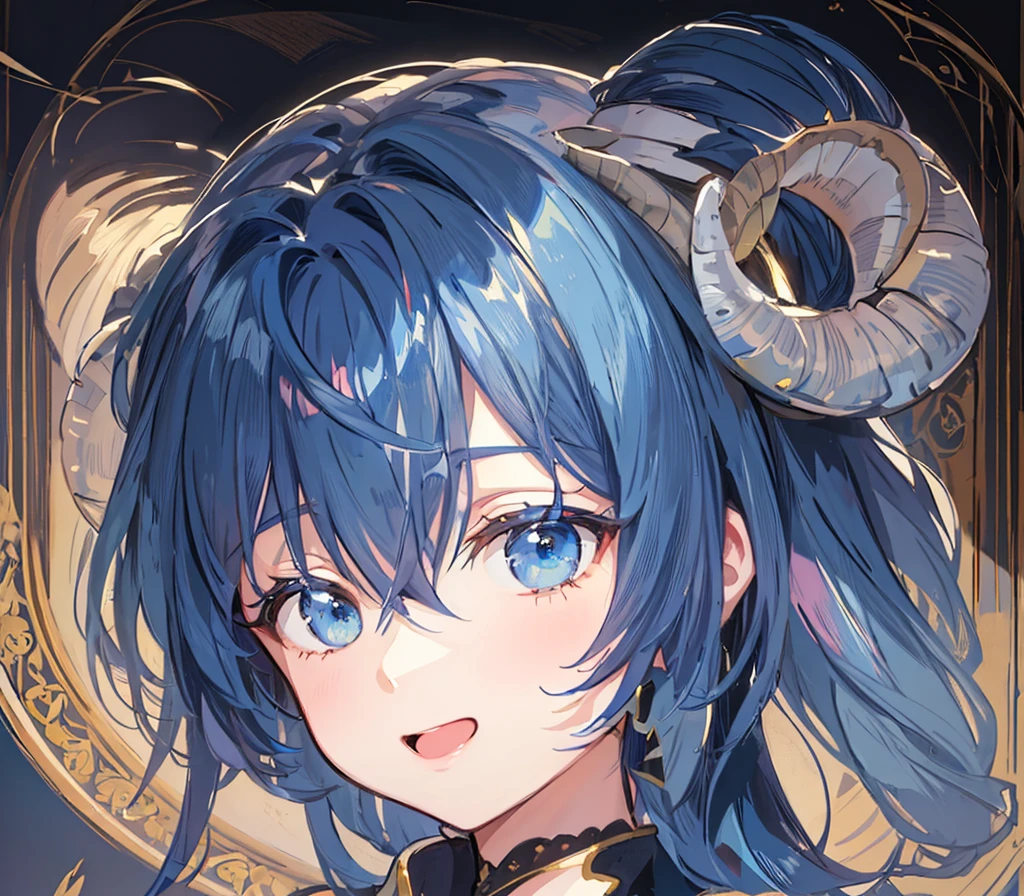 ( best quality, masterpiece,  high quality , delicate description, Elaborate painting).  Shining hair ,  long pigtail hairstyle, dark blue hair, A sheep&#39;s horn on its head. Squint your eyes. (((((((((((((((Open your mouth wide))))))))))))))). (trembling:1.8),(embarrassed,blush:1.6),(parted lips:1.6),(harf open eyes,no pupils,empty eyes:1.8),(steam:1.6),(sweat skin:1.7),(streaming tears:1.2),(drooling:1.4),(feeling weak:1.6),(looking away:1.6),(spoken heart:1.4)