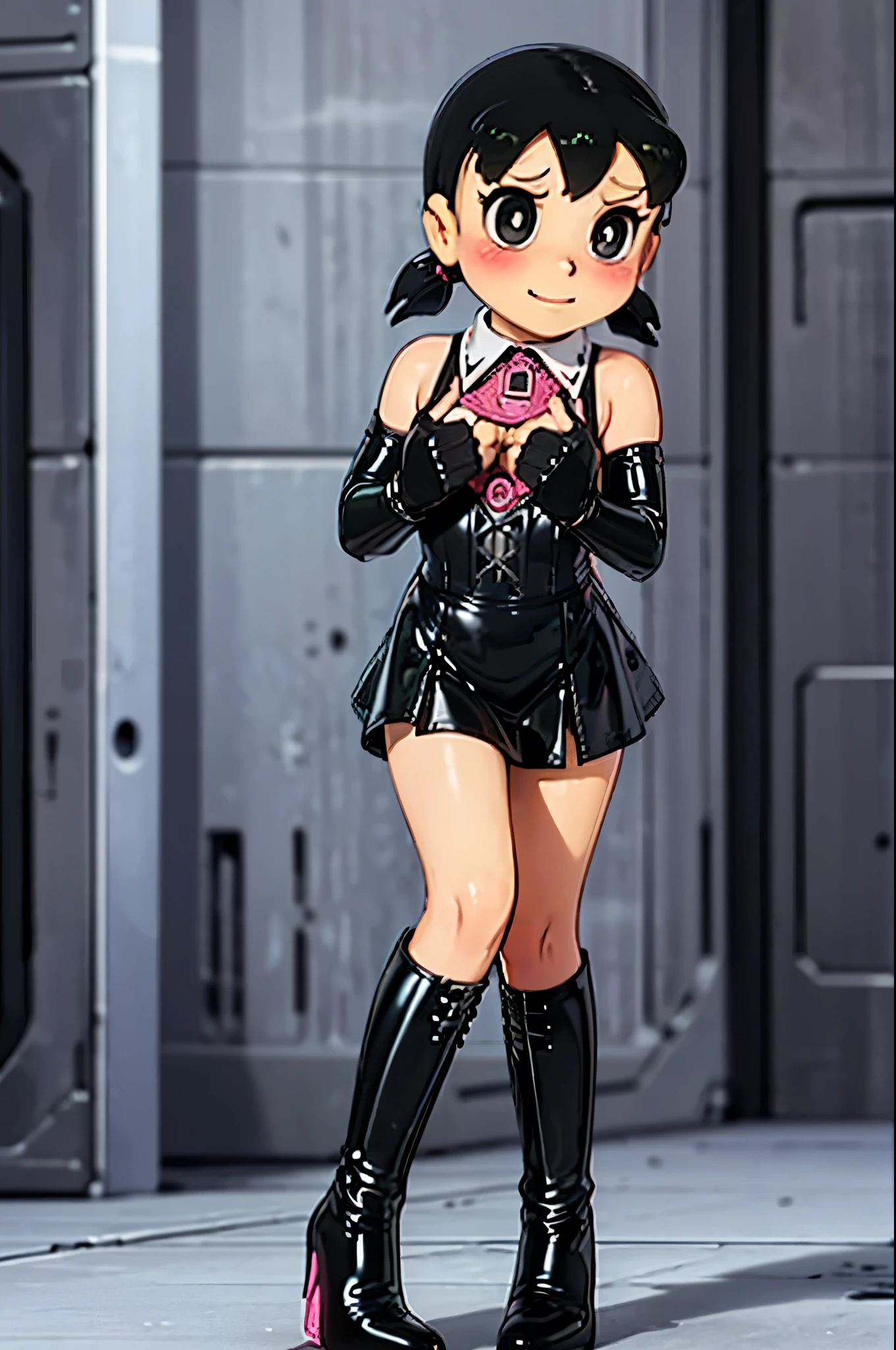 (((Chibi)))、((( short stature )))、(((Child body type)))、((Open legs:1.4)))、Queen、mistress、(((One girl)))、(((solo:1.8)))、(((Black latex elbow gloves:1.4)))、((( black latex corset dress :1.4)))、((( corset dress is decorated with beautiful lace)))、((( halter neck corset dress with legs open and squat in M shape)))、((( Black Latex Tight Miniskirt:1.4)))、((( black thigh-high boots :1.4)))、(((Lace-up boots)))、(((Black rubber tights:1.2)))、(((Stiletto heel boots:1.4)))、((( black latex high leg panties )))、(((Black latex bra)))、(((Black leather collar)))、((( sexy pose:1.4 )))、Wide-legged:1.2、((( erotic)))、((( cowboy shot of a man)))、 close-up、((( place both hands on the lower back )))、Beautiful eyes with highlights、Beautiful, smooth skin、Two perfect anatomical arms、Two perfect anatomical legs、(Four perfect fingers and one thumb)、Shizuka Minamoto、Hairstyle with two buns of black hair 、(((The bare shoulders and chest )))、(((black collarless latex blouse)))、 one girl playing pranks、  staring at viewers 、 looking at the camera  、Mean face、((( smirk )))、(((blush:1.2)))