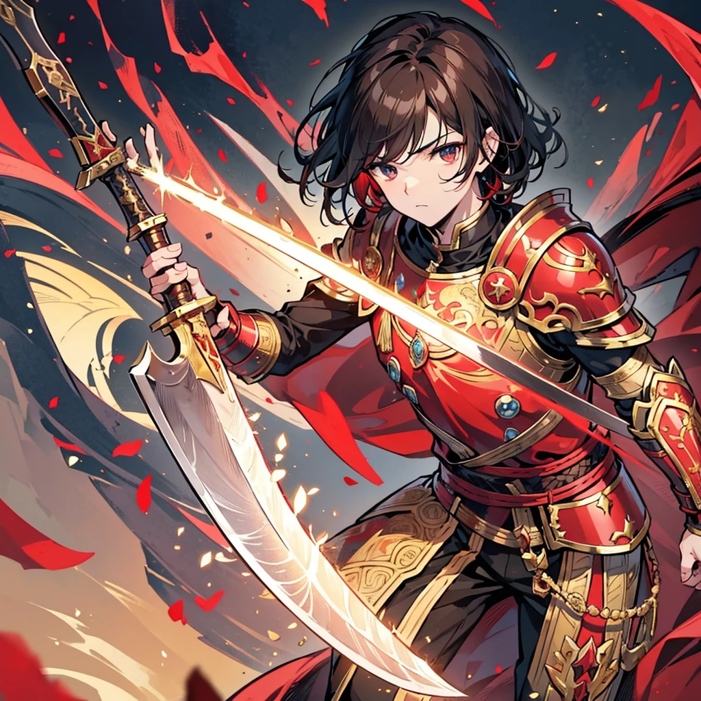 Male 2.0、solo2.0、 standing up close to black brown hair、Red Copper Armor、Young Hero King 1 .5、Golden Sword、Handsome face 1 .8、 riding a dragon 2 .0、