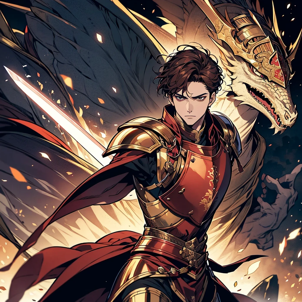 Male 2.0、solo2.0、 standing on end with brown hair close to black、Red Copper Armor、Young Hero King 1 .5、Golden Sword、Handsome face 1 .8、 riding a dragon 2 .0、