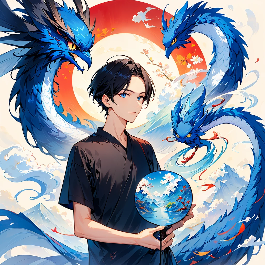 1 30-year-old man。 tall, slender, and wearing a plain black t-shirt。I have black hair and my hair is pretty short 。I'm holding an owl。 There is a blue dragon swirling in the background。 colorful ink painting based on blue 。