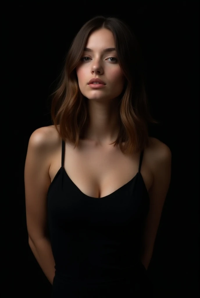 A girl with a diamond-shaped face, thin nose, thick, slightly red lips and wavy hair, with a very small waist, and a black fitted dress and a dominant look with very white skin and a dark background