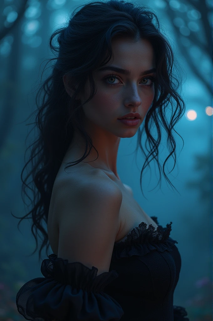 1girl, blue skin, black hair, long hair
