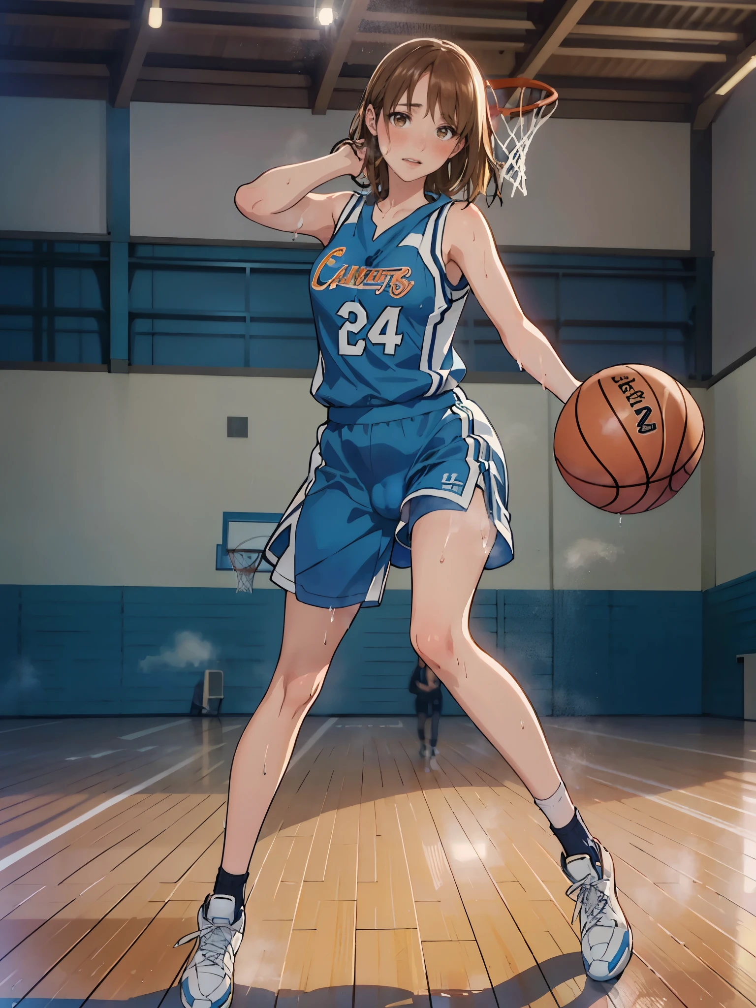 anime - style illustration of a high school girl in a wet basketball high cut uniform, basketball video game character, official character art, trending on cgstation, e-girl, cushart krenz key art feminine, full body, female sports anime girl, (playing basketball:1.5), looking at view, (steamy:1.5), (blush:1.7), (puffy lips:1.2), (cameltoe:1.2), armpit, drooling,