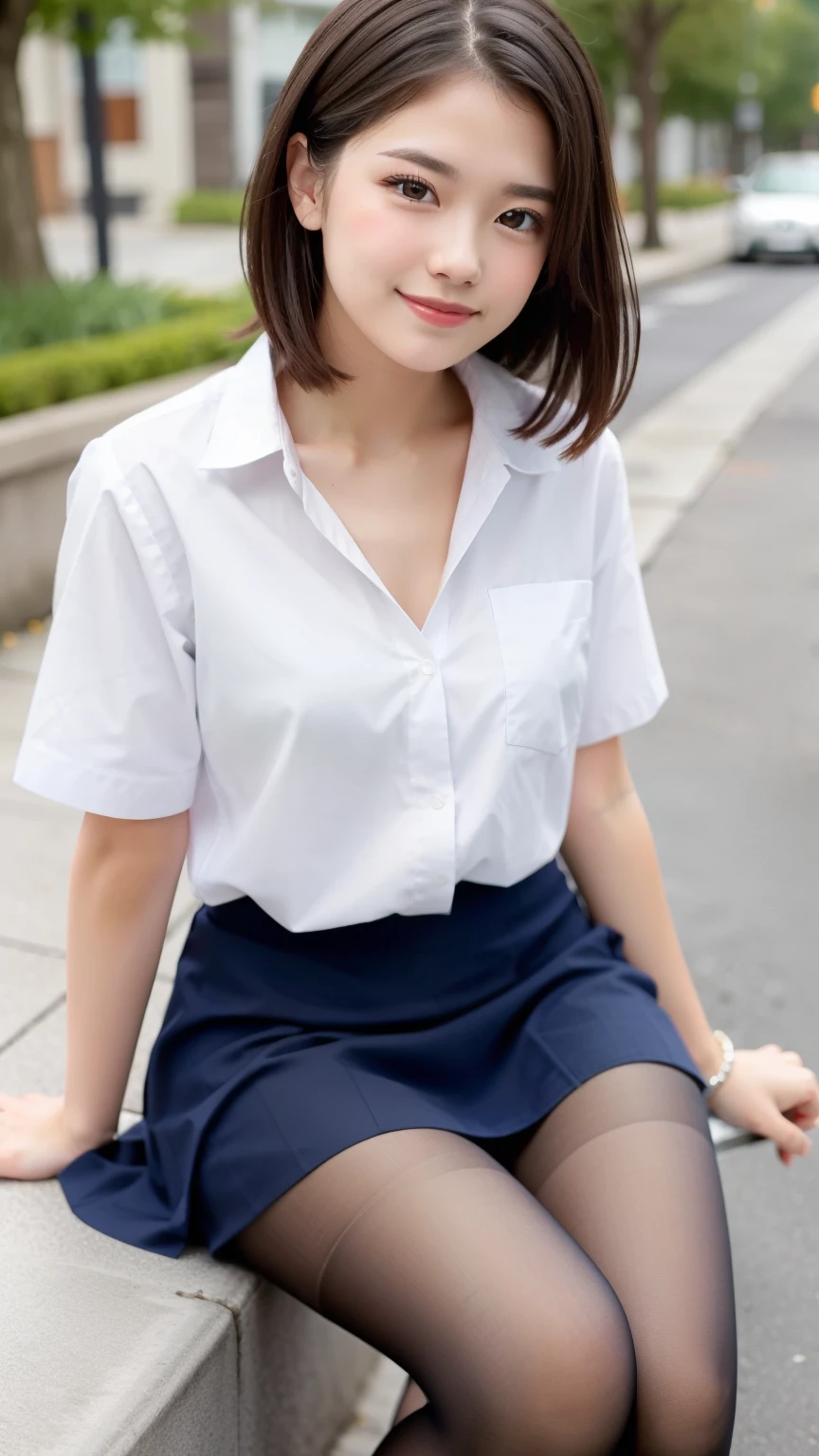  Photo taken by a professional photographer ，Laughter:1.5，Close up shot of a woman sitting on the sidewalk ,  , Short brown hair, My hair is messy， young and pretty girl , Wearing a mini skirt:1.5，Wear stylish boots， Wearing ultra-realistic pantyhose、Sitting on a park bench:1.5， FANCY MAKEUP WITH RED EYESHADOW， beautiful thighs are visible ， I can see white panties，