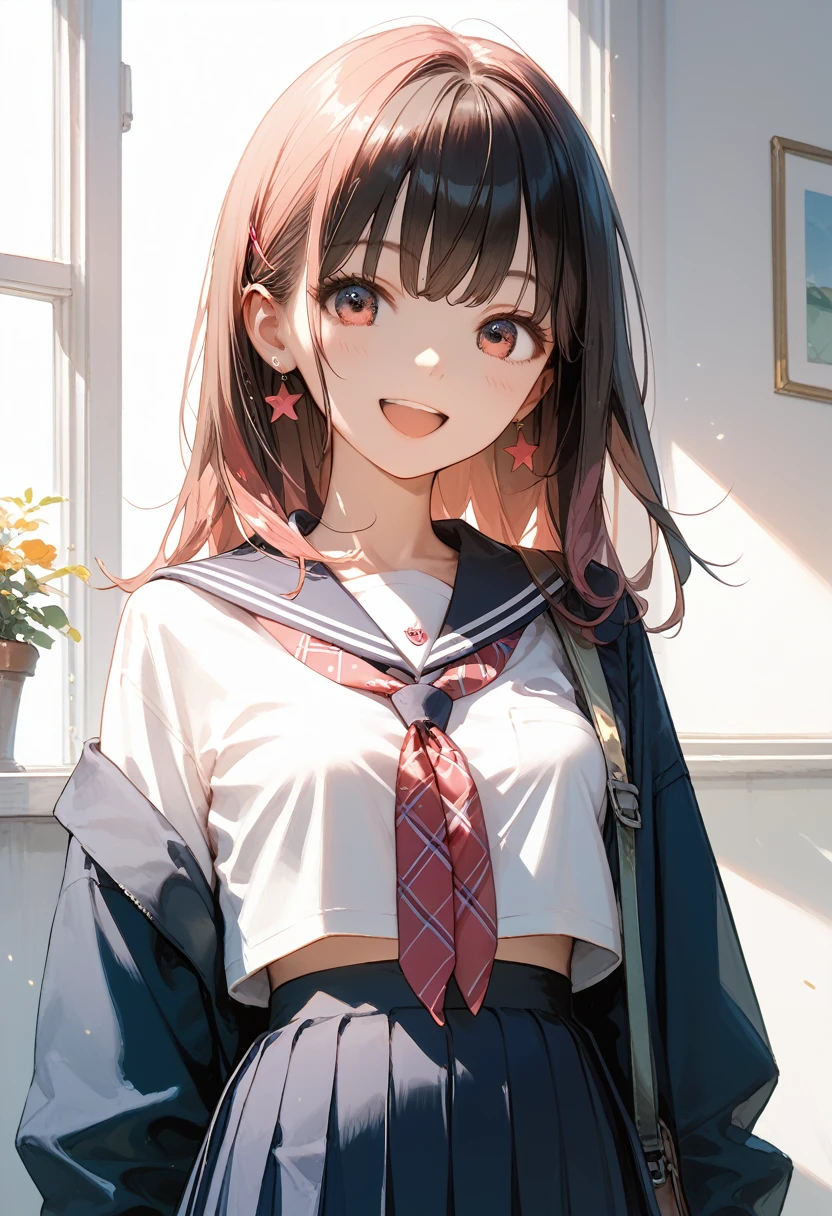 Score_9,Score_8_up,Score_7_up,highest quality anime,,masterpiece,1 girl,slim,small breasts,(Ideal slender proportions),(black_long_hair,straight_bangs,school uniform),happy with me,joyful