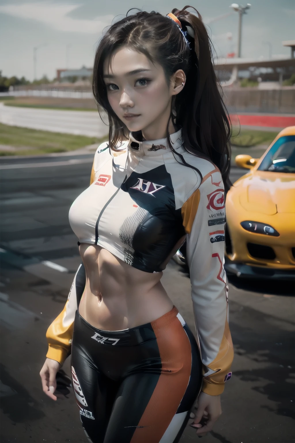  -tuned RX7,Beautiful woman wearing a racing suit standing beside a car,  anatomically correct, Best Quality, Ultra Wide Angle, Small breasts, abs,Celebrity sunburn