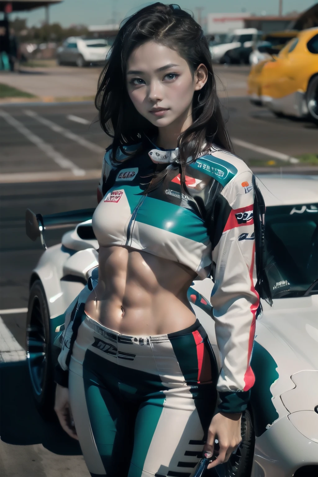  -tuned RX7,Beautiful woman wearing a racing suit standing beside a car,  anatomically correct, Best Quality, Ultra Wide Angle, Small breasts, abs,Celebrity sunburn