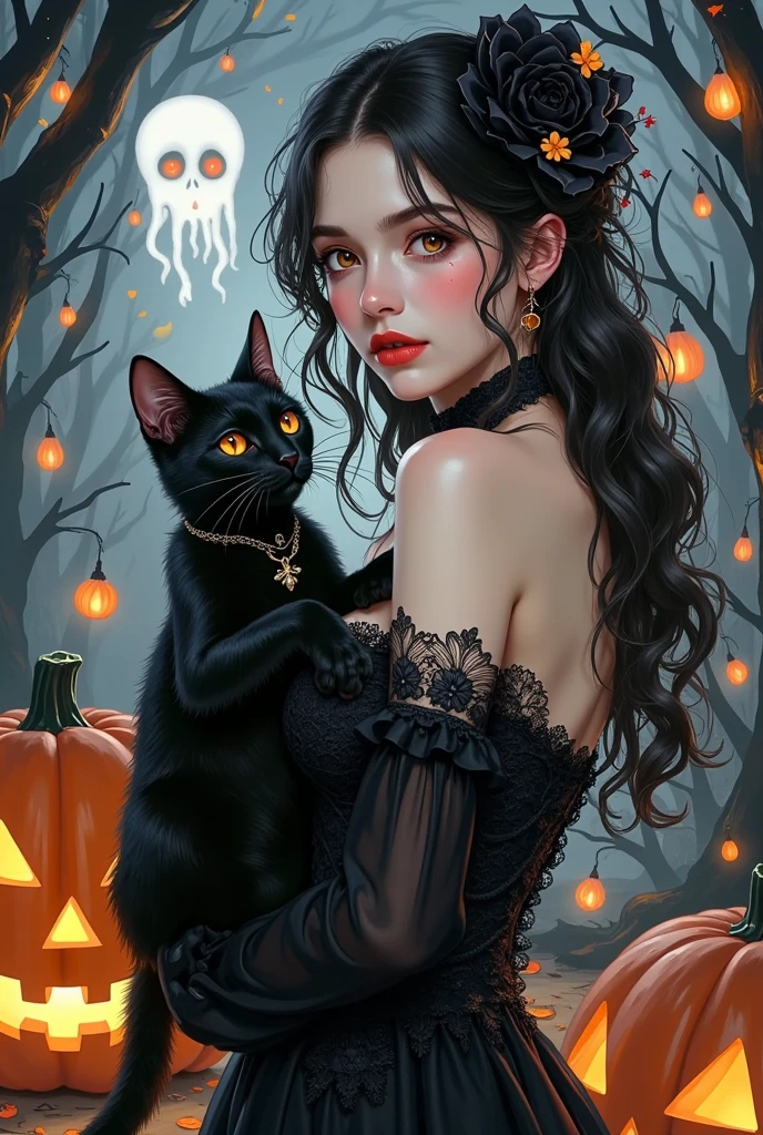  art illustration：halloween portrait，black cat and beautiful girl，black lace long gloves，Pumpkin lamp and ghost 