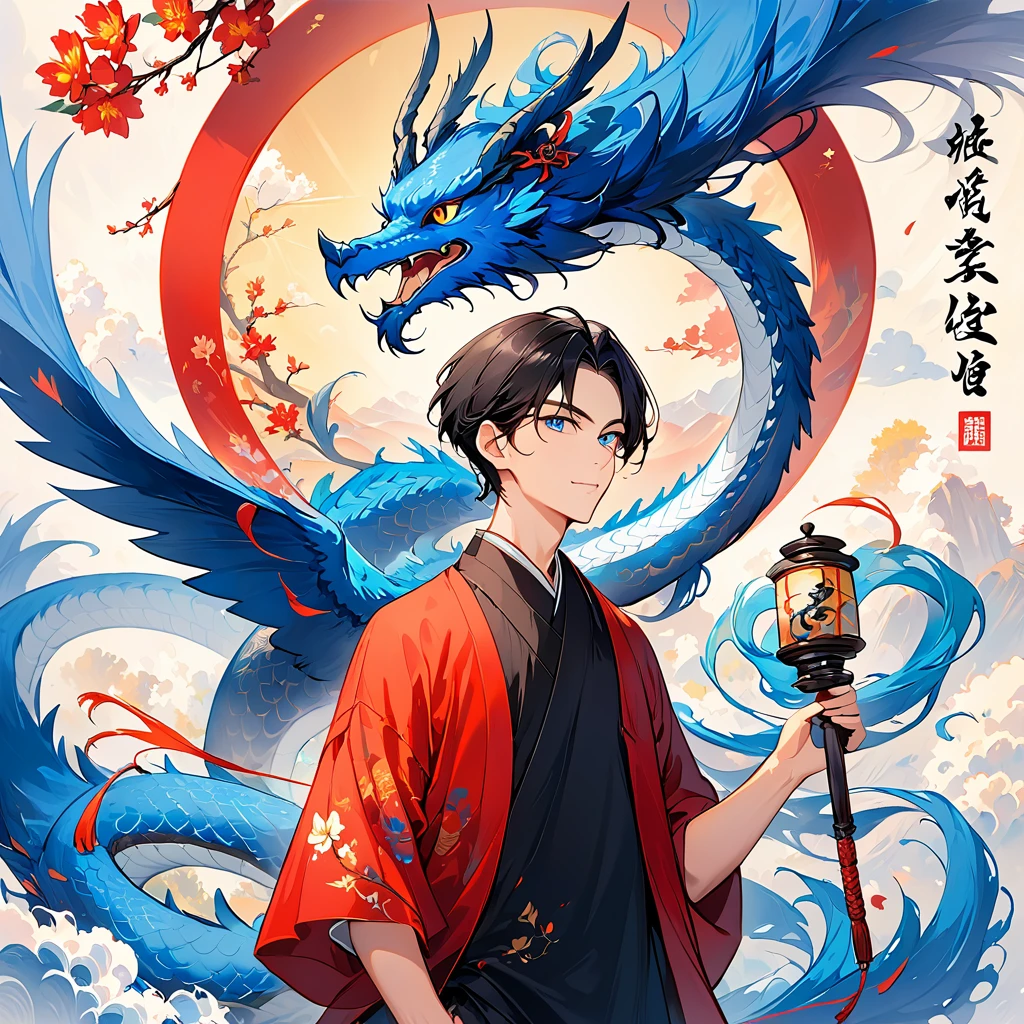 1 30-year-old man。 tall, slender, and wearing a plain black t-shirt。I have black hair and my hair is very short 。I'm holding an owl。 There is a blue dragon swirling in the background。 colorful ink painting based on blue 。