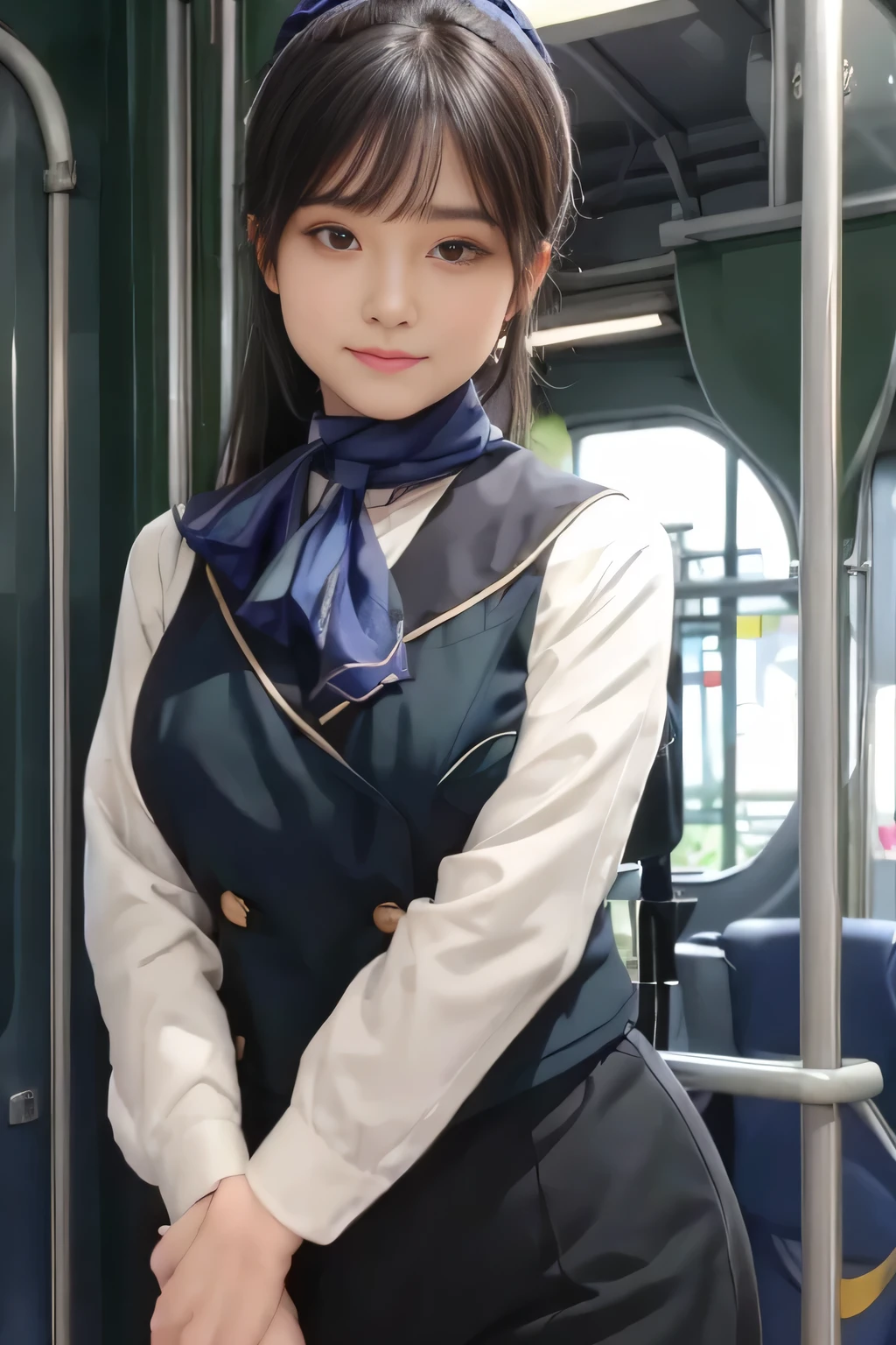 (masterpiece:1.2, Best Quality:1.2), 32kHDR, Kampala , (Alone、  1 girl)、（on board、  professional lighting ）、In-flight background、（Nankai Train crew uniformを着たリアルスタイル）、（（  Nankai Electric Railway Crew Uniform Collarless Blouse Long Sleeves 、 Black Curled Culottes Skirt 、Scarf around the neck））、 Dark brown hair、（ Long Hair、Hair tied up、 summary hair ）、 Dark brown hair、 Long Hit 、Big Breasts、Thin legs、（（Great hands：2.0）），（（  harmonic body proportions ：1.5）），（（Normal limbs：2.0）），（（Usually refers to：2.0）），（（Delicate Eyes：2.0）），（（Normal eyes：2.0））)、smile、（Nankai Train crew uniformを見せた美しい姿）、Hands crossed underneath 