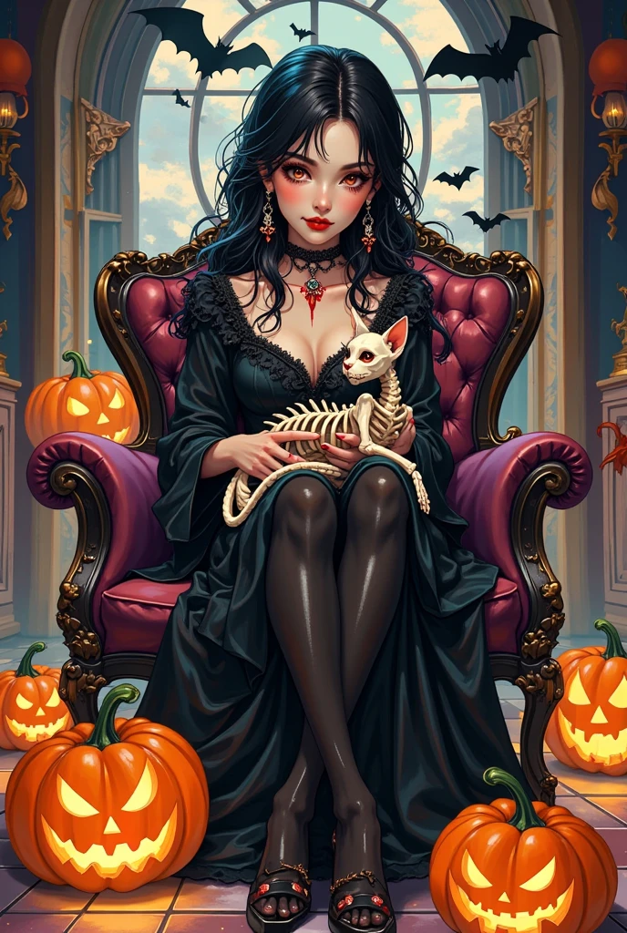  a female vampire sitting on a chair ， with two fangs on each side of her mouth ， with red blood on the right side of her mouth . She is holding a skeleton cat ,  with a black bat on her shoulder ， with two scary pumpkin lanterns on the floor. Halloween theme, Retro style