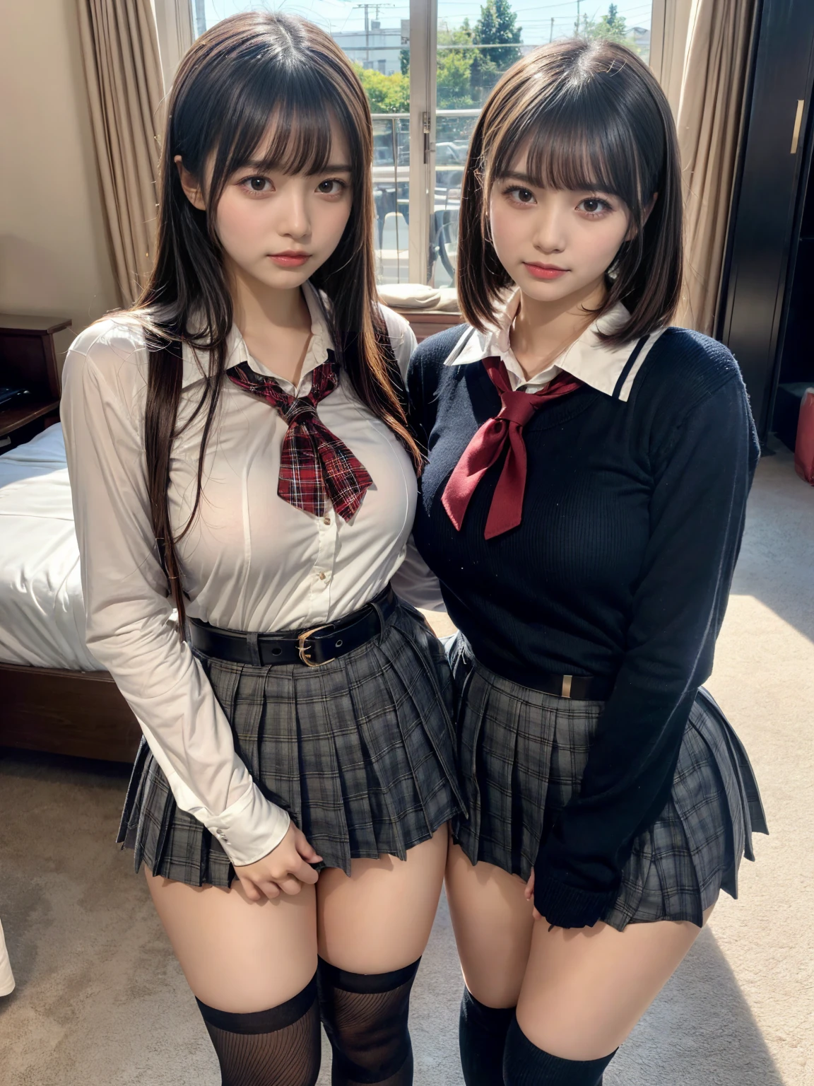 8K, RAW portrait of (Women in Japan),masterpiece、Photorealsitic:1.3、photographrealistic, 超A high resolution, Best Quality, Real life photography ,( At night :1.1),((( Two girls showing off their panties in the bedroom late at night)))、(kawaii faces:1.4)、Two very cute Japanese girls,((Elementary school girl in Japan))、((Realistic Schoolgirl))、((School uniform、Cardigan、Plaid pleated skirt、a bow tie))、 Long hair,,Slender body,、inside in room、
Big beautiful detailed eyes, Black hair,(depth of fields:1.3),、((Disheveled clothes:1.3))、 ((dark-brown eyes:1.5))、(Authentic skin texture:1.3)、(Immersive atmosphere:0.8、Chiaroscuro:1.2) 、(looking at viewert)、Looking at the camera、Look at viewers、((embarrassed from:1.5))、A smile:0.3、((Reddened cheeks:1.3))、((Ceiling from below:1.3))、(The body is facing the camera:1.5)、((Wear very small silk panties:1.4))、((up skirt))、((Woman Pulling Up Her Skirt))、((Spread your legs to the sides))、((frombelow:1.5))、((Close-up in the crotch:1.6))、((pantie shot:1.3))
