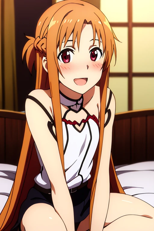 ((Best Quality)), ((masterpiece)), (be familiar with),  perfect face, indoor, bedroom,  watching viewers ,
One woman, Yuuki Asuna,
 open mouth , Ecstatic expression, blush, smile,
Small breasts,  flat chest, , ,  kids, Girl,
Long Hair,  long hair,
Leg spread,