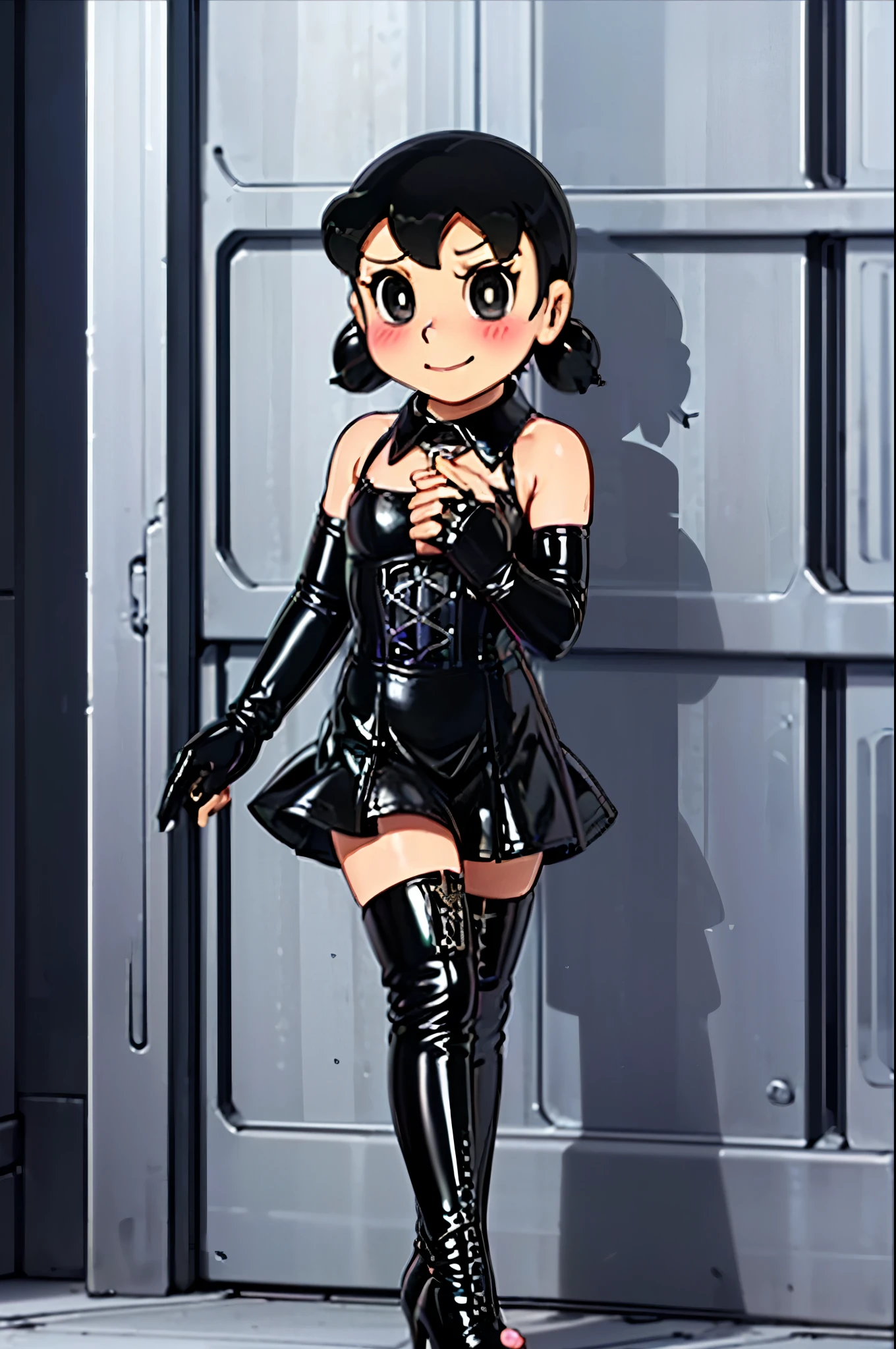 (((Chibi)))、((( short stature )))、(((Child body type)))、((Open legs:1.4)))、Queen、mistress、(((One girl)))、(((solo:1.8)))、(((Black latex elbow gloves:1.4)))、((( black latex corset dress :1.4)))、((( corset dress is decorated with beautiful lace)))、((( halter neck corset dress with legs open and squat in M shape)))、((( Black Latex Tight Miniskirt:1.4)))、((( black thigh-high boots :1.4)))、(((Lace-up boots)))、(((Black rubber tights:1.2)))、(((Stiletto heel boots:1.4)))、((( black latex high leg panties )))、(((Black latex bra)))、(((Black leather collar)))、((( sexy pose:1.4 )))、Wide-legged:1.2、((( erotic)))、((( cowboy shot of a man)))、 close-up、((( place both hands on the lower back :1.4)))、Beautiful eyes with highlights、Beautiful, smooth skin、Two perfect anatomical arms、Two perfect anatomical legs、(Four perfect fingers and one thumb)、Shizuka Minamoto、Hairstyle with two buns of black hair 、(((The bare shoulders and chest )))、(((black collarless latex blouse)))、 one girl playing pranks、  staring at viewers 、 looking at the camera  、Mean face、((( smirk )))、(((blush:1.2)))