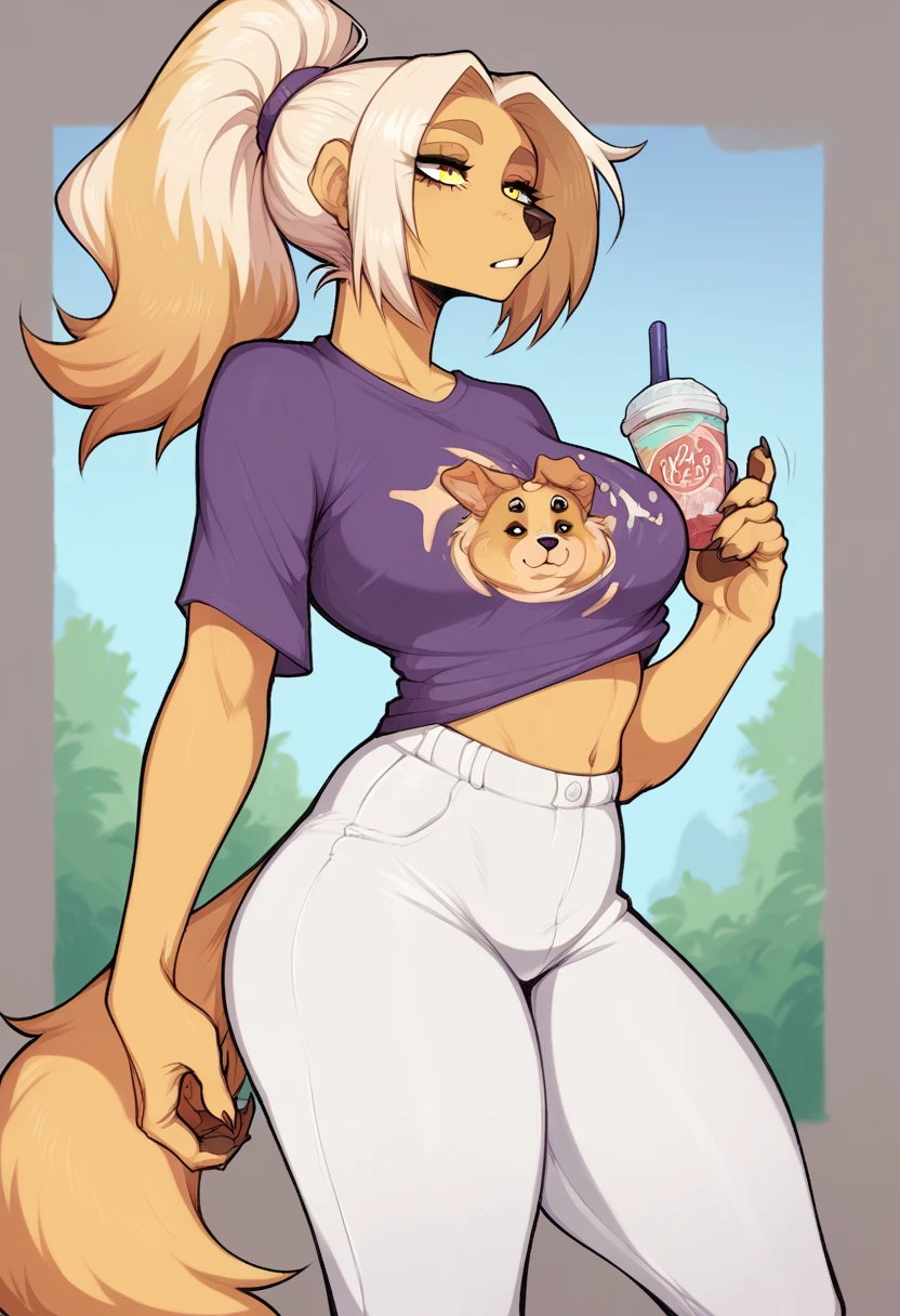 Sexy furry yellow dog girl, curvy, ponytail hair, purple t-shirt with torantes, White pants, blond hair,