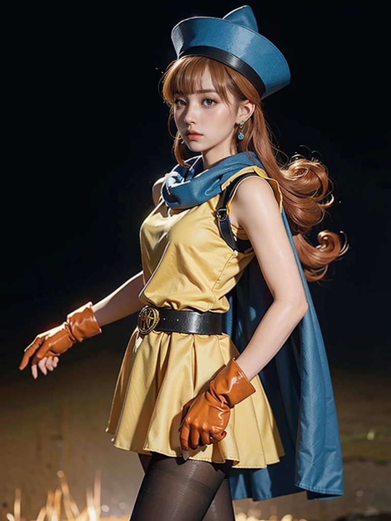 beautiful girl, 
((Princess Alina in DQ4)), ((Blue tricorn hat)), ((Dark orange hair)), (Shoulder-length hair), Fluffy hair,  (Blunt bangs), (Blue scarf), ((thin)), 
(BDSM,Slave Collar,Slave chains,Rope Bondage,shibari:1.5), ((Yellow mini skirt)),
smile, Open your mouth, Looking into the camera, Full Body Shot,