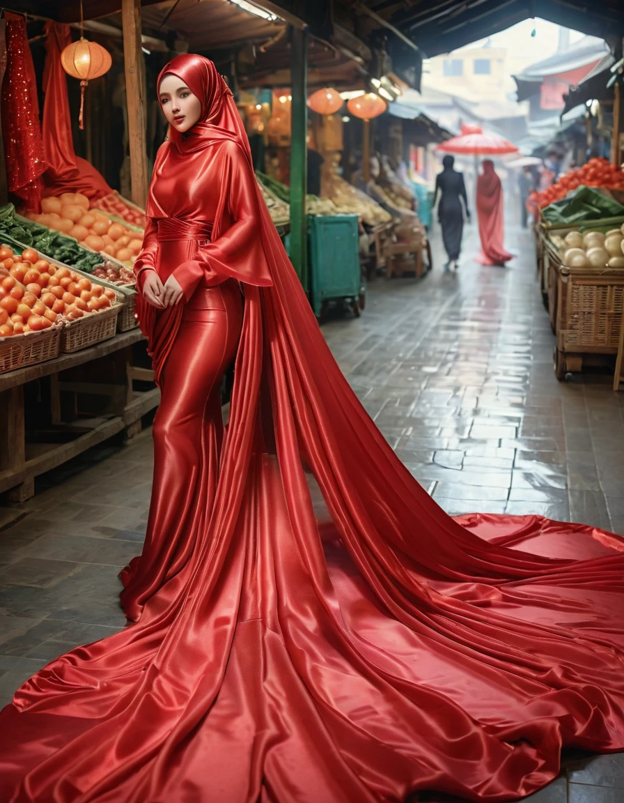 A woman shrouded in a 7-meter-long, plush red transparent satin shimmer cloth, tightly bound and grandly draping along the form of her body, flowing off into a pooled floor-length train and poof style on bottom, styled in a mermaid-inspired, her head modestly veiled in a satin shimmer hijab, 175 weight woman, walk in traditional market, a full-body pose conveying a sense of elegance, captured in a 4k resolution, ultra-realistic