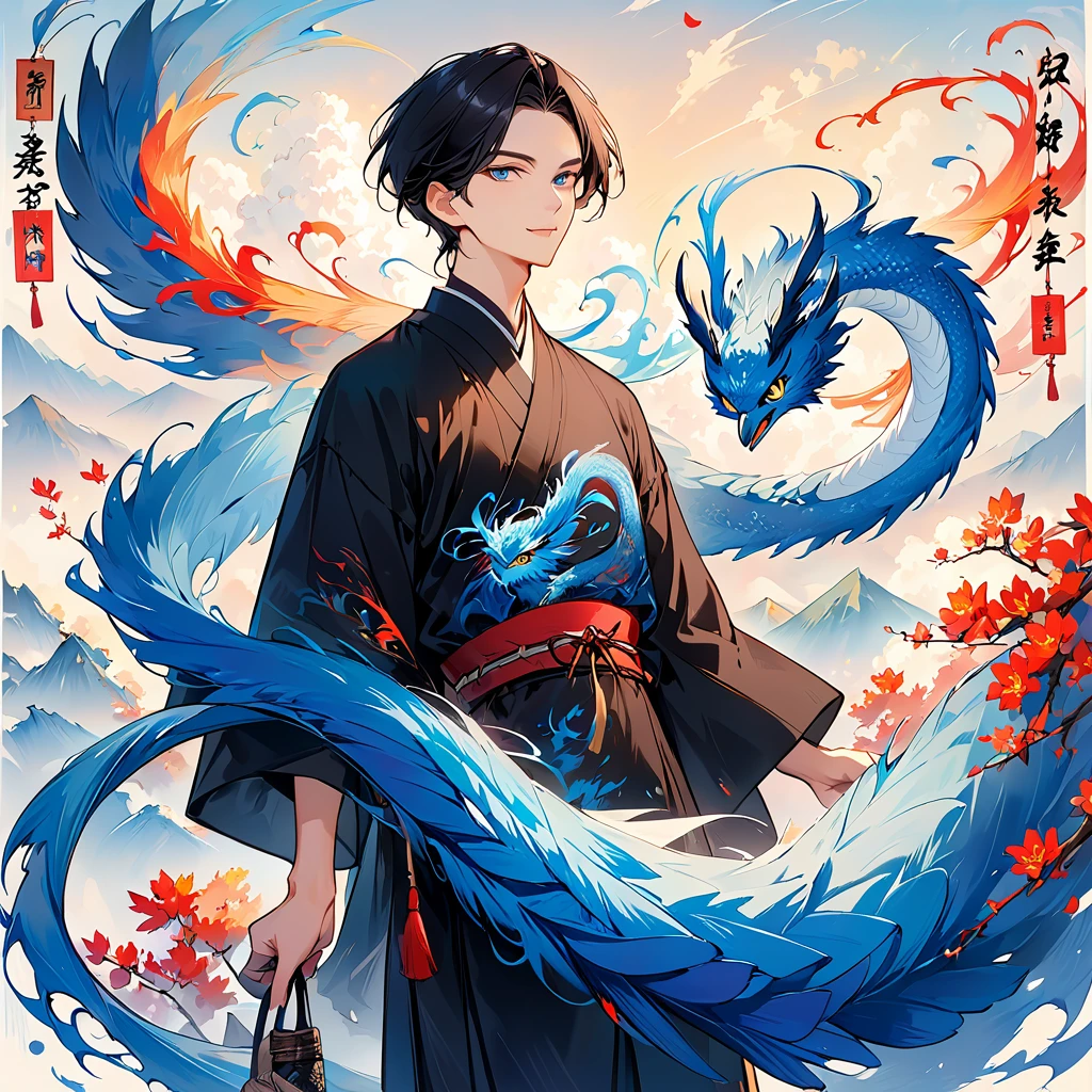 1 30-year-old man。 tall, slender, and wearing a plain black t-shirt。I have black hair and my hair is very short 。I'm holding an owl。 There is a blue dragon swirling in the background。 colorful ink painting based on blue 。