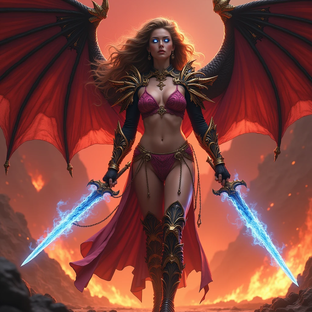 Female tiefling ranger carrying dual short swords, dark purple hair tied up, eyes with completely black iris and wings, reddish brown skin, small horns that curve backwards
