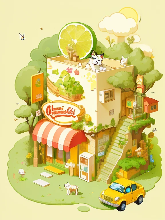 Masterpiece, best quality, cartoon, 3D, illustration of a cat on it, small shop of a building and car with the exterior of lemon yogurt pack, three-story with roof, cute detailed digital art, inspired by Yanagawa Shinda, cute illustration, isometric illustration fun, isometric game art, isometric 2D game art, isometric illustration, detailed game art, isometric art, detailed 2D illustration, pixel art isometric drawing,