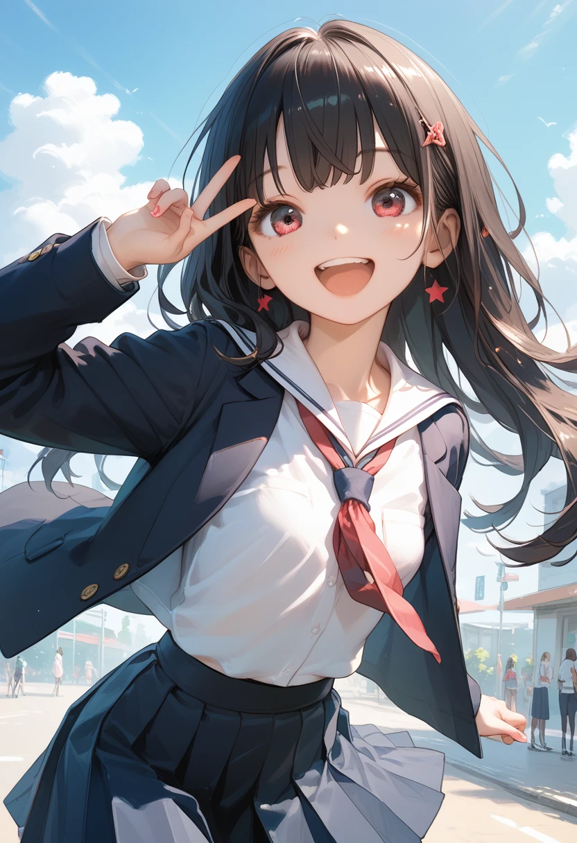 Score_9,Score_8_up,Score_7_up,highest quality anime,,masterpiece,1 girl,slim,small breasts,(Ideal slender proportions),(black_long_hair,straight_bangs,school uniform),(happy with me,joyful:1.2),favorite lovely posing