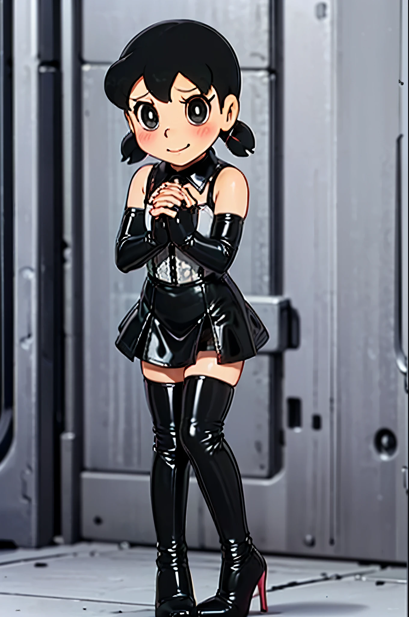 (((Chibi)))、((( short stature )))、(((Child body type)))、((Open legs:1.4)))、Queen、mistress、(((One girl)))、(((solo:1.8)))、(((Black latex elbow gloves:1.4)))、((( black latex corset dress :1.4)))、((( corset dress is decorated with beautiful lace)))、((( halter neck corset dress with legs open and squat in M shape)))、((( Black Latex Tight Miniskirt:1.4)))、((( black thigh-high boots :1.4)))、(((Lace-up boots)))、(((Black rubber tights:1.2)))、(((Stiletto heel boots:1.4)))、((( black latex high leg panties )))、(((Black latex bra)))、(((Black leather collar)))、((( sexy pose:1.4 )))、Wide-legged:1.2、((( erotic)))、((( cowboy shot of a man)))、 close-up、((( place both hands on the lower back :1.4)))、Beautiful eyes with highlights、Beautiful, smooth skin、Two perfect anatomical arms、Two perfect anatomical legs、(Four perfect fingers and one thumb)、Shizuka Minamoto、Hairstyle with two buns of black hair 、(((The bare shoulders and chest )))、(((black collarless latex blouse)))、 one girl playing pranks、  staring at viewers 、 looking at the camera  、Mean face、((( smirk )))、(((blush:1.2)))