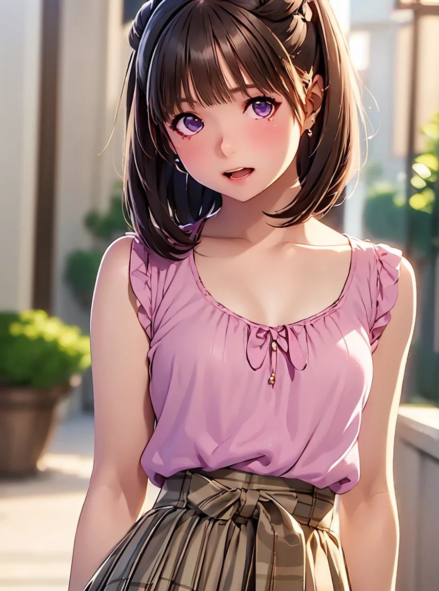   Kampala ,In 8K, best quality, Details,Semi-realistic anime, D Anime Style , Smooth Anime CG , one girl playing pranks,18 year old Japanese female,slim,modeling,VERY STRAIGHT HAIR ,  Pink Sparkling Lips ,  Glossy Black Hair , Detailsな顔,Beautiful and  Details, ,(( Glowing Amethyst Eyes Like Gems)),(Small breasts),(Open your mouth),( troubled face),( embarrassed face ),(( Avril Lavigne ))), (( Madras check long skirt))、((The puppy is pulling the skirt )),(Cute Puppy), ((Hairstyle with 2 buns )),
