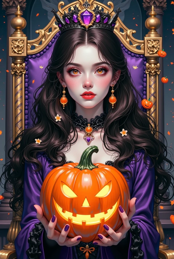   close-up of a woman sitting on a throne holding a pumpkin in her hands, beautiful Vampire Queen,   Halloween art style , 美丽的Vampire Queen, Terrible Queen of Death  , Vampire Queen, Stylish Dark Witch  , gothic fantasy art, Beautiful witch女性,    beautiful and elegant demon queen  , horror fantasy art,  Elegant and scary art  , Fantasy Horror Art,   A lovely dark autumn princess  , Beautiful witch, Vampire fashion