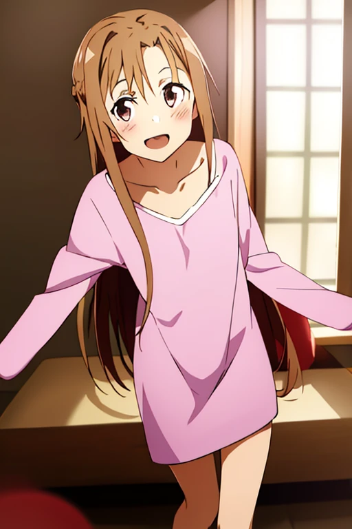 ((Best Quality)), ((masterpiece)), (be familiar with),  perfect face, indoor, bedroom,  watching viewers ,
One woman, Yuuki Asuna,
 open mouth , Ecstatic expression, blush, smile,
Small breasts,  flat chest, , ,  kids, Girl,
Long Hair,  long hair,
Leg spread,